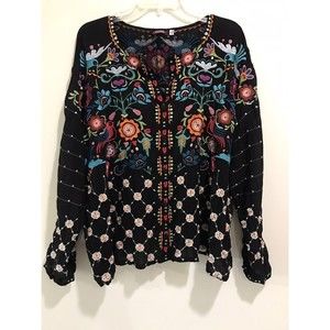 NWOT JOHNNY WAS BRADY HEAVILY EMBROIDERED BLOUSE TOP BIRDS FLORAL XL NEW